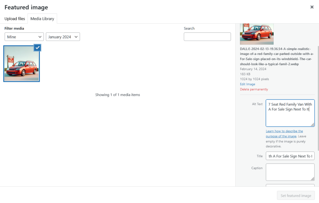 Screenshot of adding ALT text corresponding with an image in WordPress.
