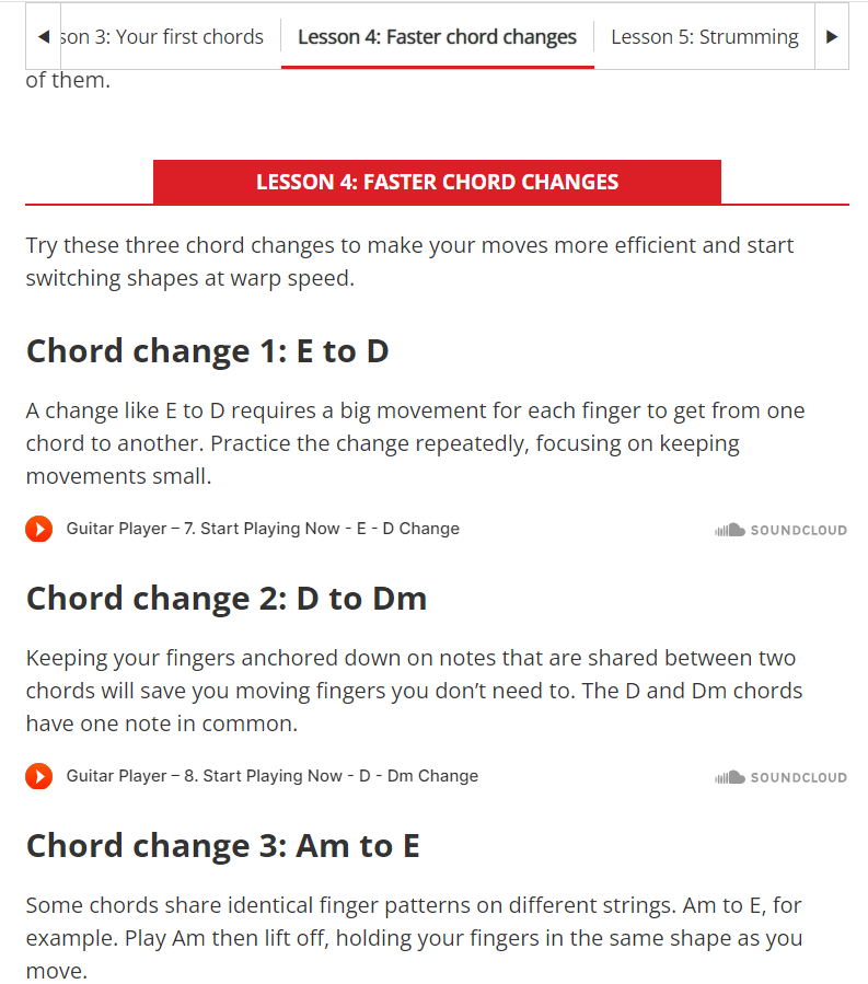 Example of clearly and easily understood content shown on guitar teaching website