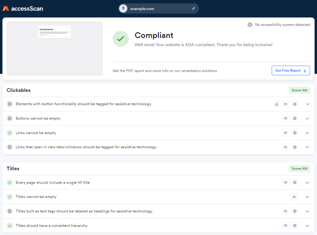 Results of accessScan Accessibility compliance for example.com website