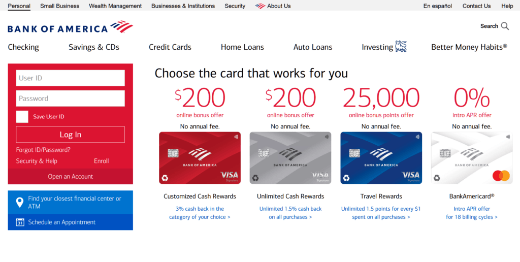Screenshot of BankOfAmerica.com website's homepage