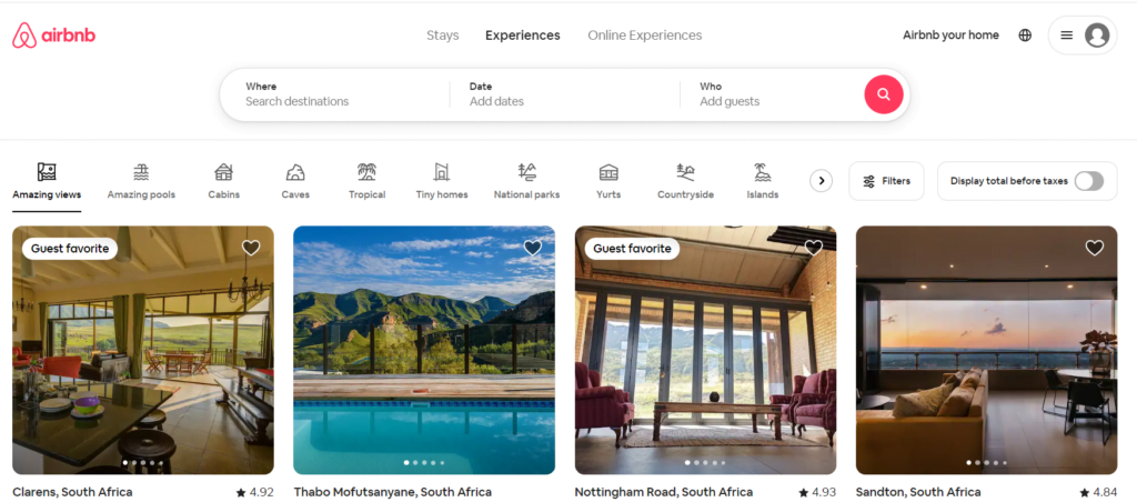 airbnb home page