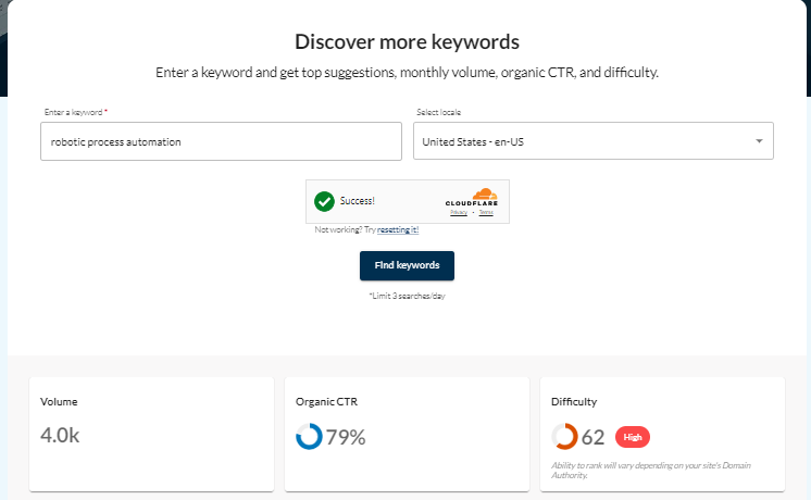 free moz keyword research tool showing results for robotic process automation