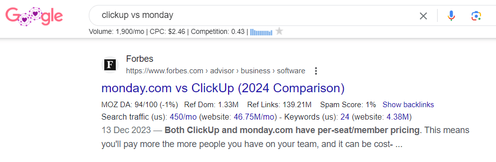 google search results for clickup vs monday