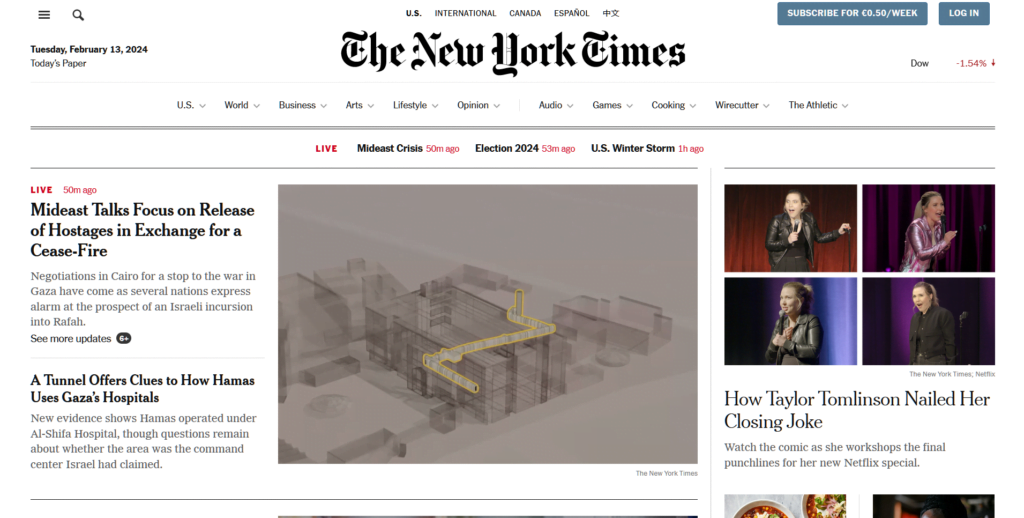 Screenshot of NYTimes.com website's homepage