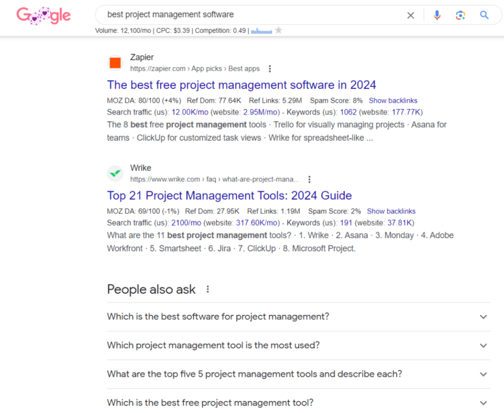 screenshot of google search results for best project management software