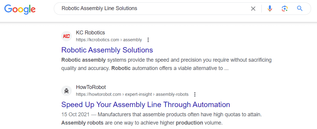 serp page title and meta description examples for robotic assembly line solutions