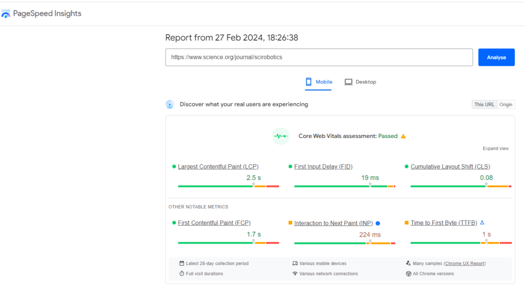 sitespeed insights results for a robotics website